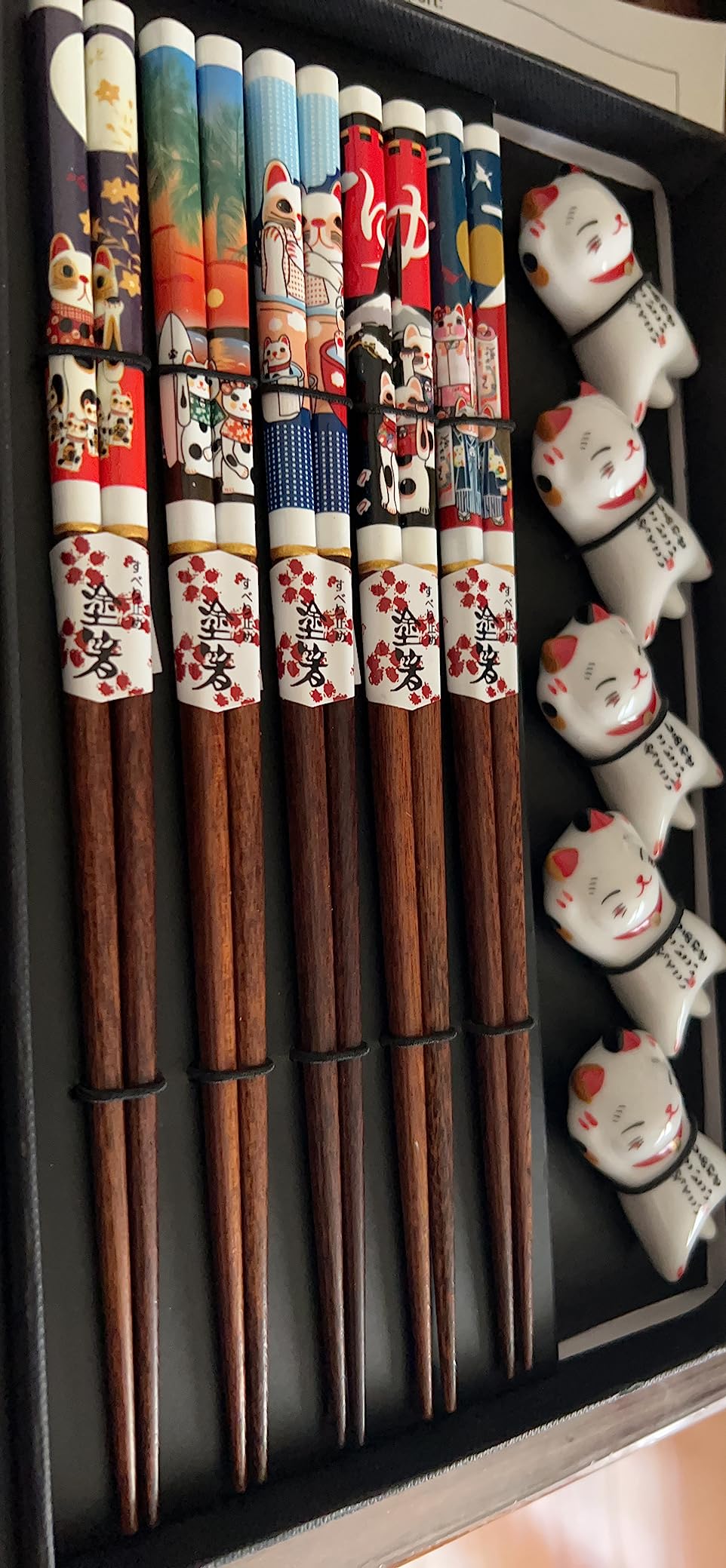 Wooden Chopsticks Reusable 5 Pairs Gift Set with 5pcs porcelain rest Panda and Green Bamboo Design Hand-Made 8.8 Inch/22.5cm customer photo 1