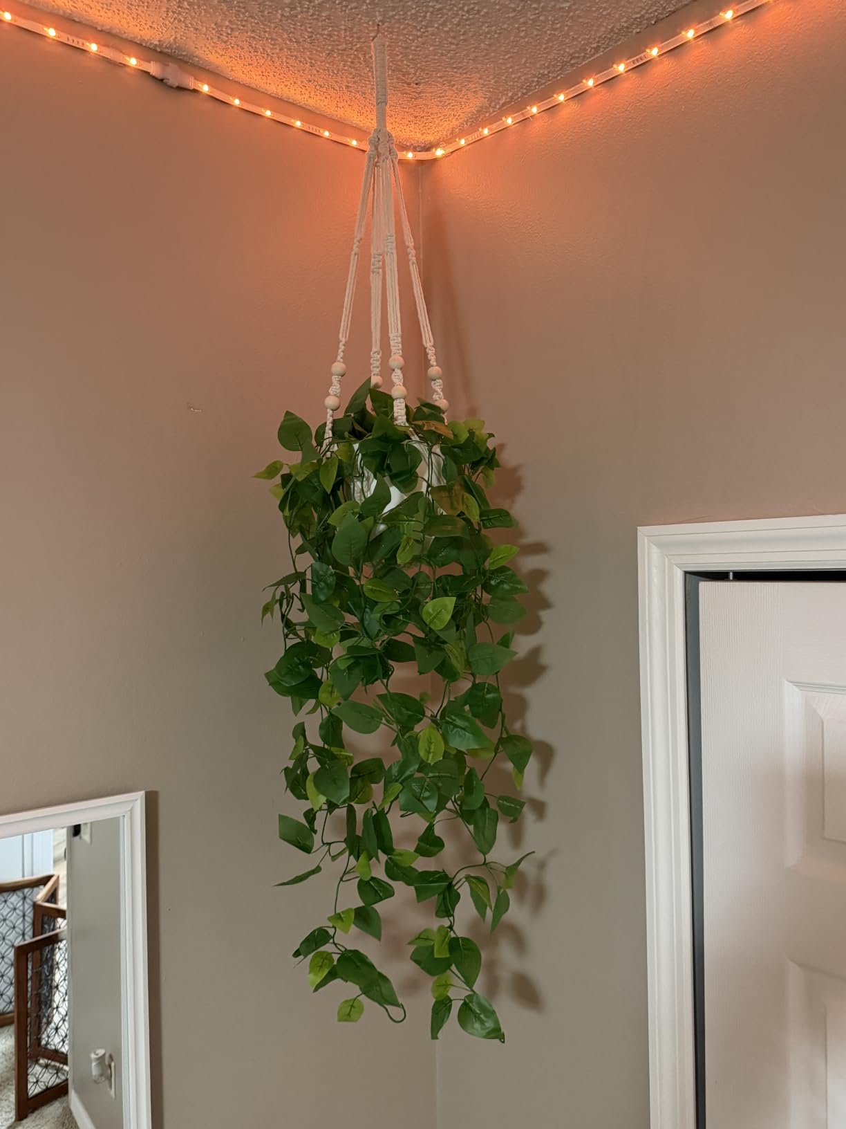 Fake Hanging Plant, Macrame Hanger with Pothos Vines & Pot | Artificial Hanging Plants for Home Decor Indoor, Realistic Look customer photo 2