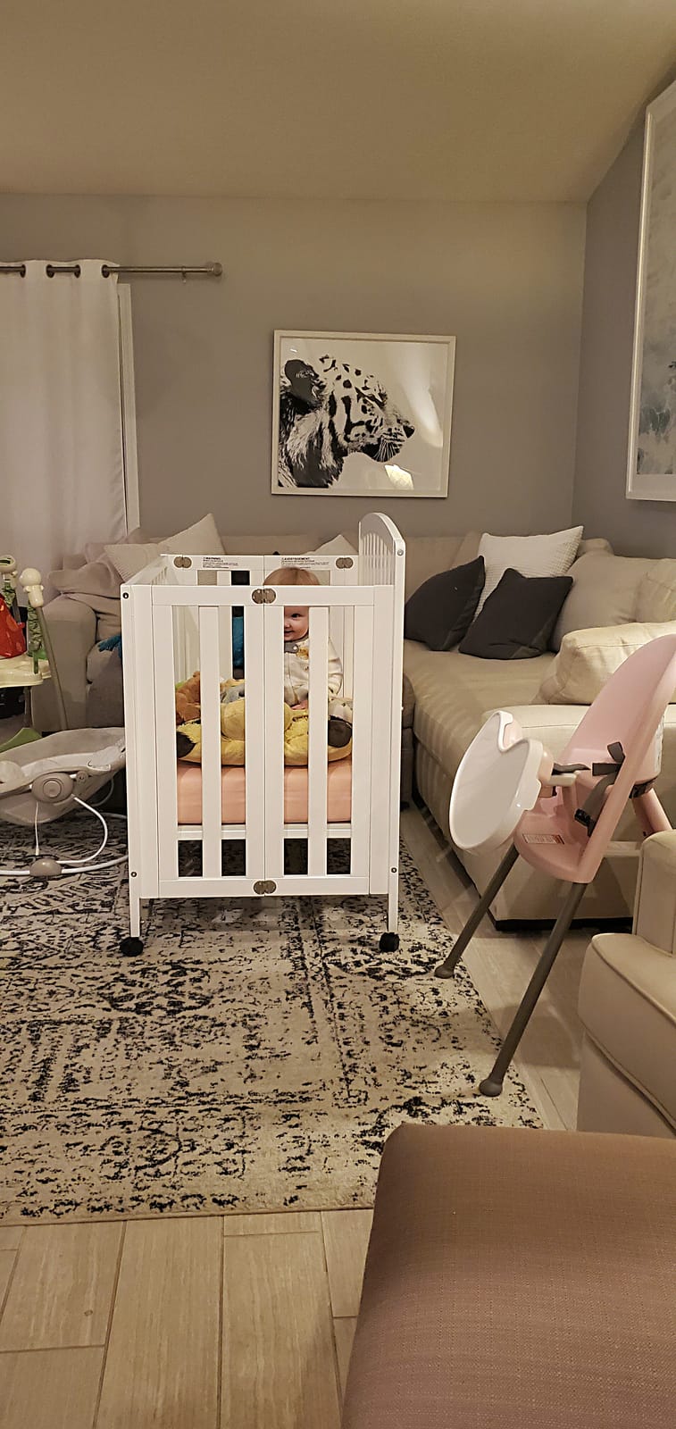 Davinci Dylan Folding Portable 3-in-1 Convertible Mini Crib in Chestnut, Greenguard Gold Certified | GREENGUARD Gold Certified - Folding Baby Crib With Wheels, 4 Adjustable Mattress Heights, Conversion Kit Sold Separately customer photo 1