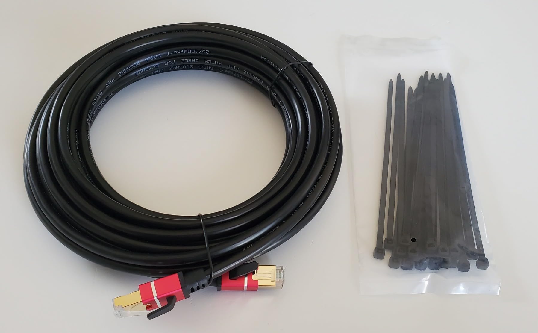 250FT Cat8 Outdoor Ethernet Cable, In-Ground, 26AWG Pure Copper Cat 8, Heavy Duty Direct Burial, LLDPE UV Jacket, Waterproof, 40Gbps 2000Mhz SFTP Patch Cord, POE, Network, Internet, with 25 Cable Ties customer photo 1