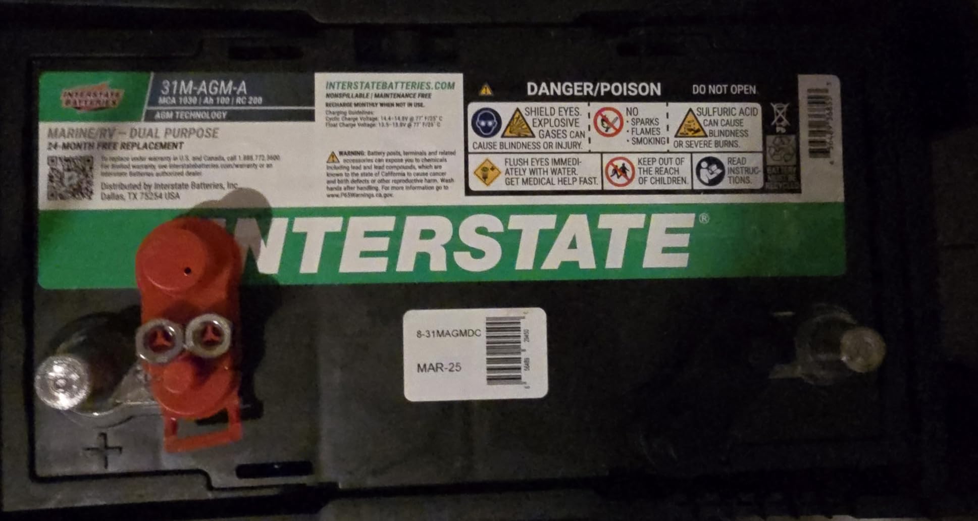 Interstate Batteries Marine/RV Battery 12V 100Ah 825CCA Dual Purpose Power Pure Lead AGM RV & Marine Starting Replacement Battery (Group Size 31M) customer photo 2