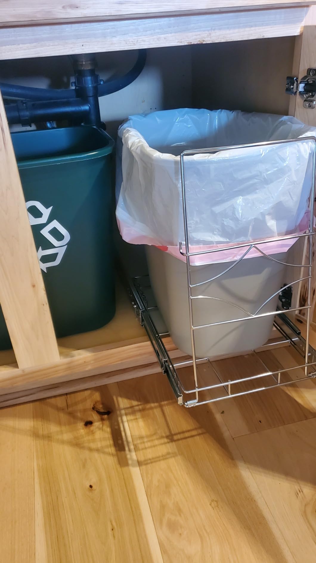 Youeon Pull Out Trash Can Under Cabinet, Adjustable Stainless Steel Under Sink Trash Can Pull Out, Slide Out Garbage Shelf, Fit for 7-11 Gallon Trash Can(Not Included) customer photo 1
