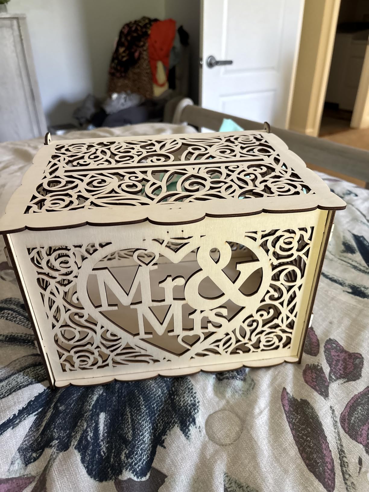 Jolik Wedding Money Box Holder with Sign, Large Rustic Wood Wooden DIY Envelop Gift Card Shadow Boxes with Lock Slot for Reception Anniversary Graduation Birthday Party Parties (Mr & Mrs, White) customer photo 2