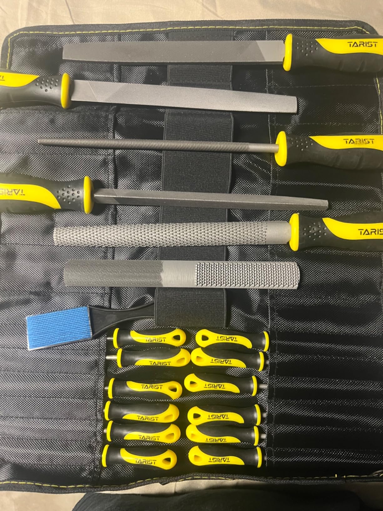 TARIST 19PCS Metal & Rasp File Set with Tool Bag, Includes Flat/Half-Round/Round/Triangle steel file, Half-Round wood file, 4 Way File and 12pcs Needle Files, Work for Metal, Wood and more customer photo 1