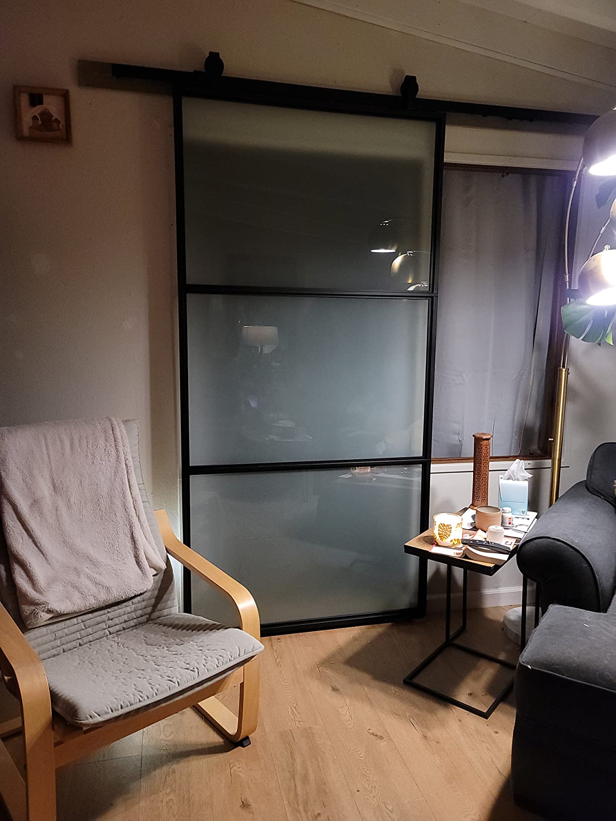 BARNSMITH 36in x 84in Frosted Glass Barn Door with 6FT Top Mounted Hardware kit Include Soft Close Mechanism Black Carbon Steel Tempered Frosted Glass Sliding Door, Assemble Required Easy Installation customer photo 1