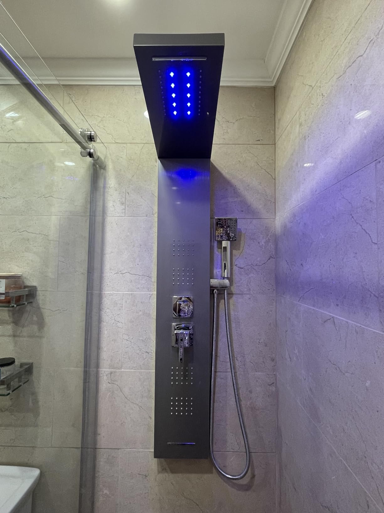 ROVOGO LED Shower Panel Tower System with Lights, 5 Shower Modes, 46.5 Inch | Rainfall Waterfall Shower Head, 4 Body Jets, Handheld and Tub Spout, Stainless Steel Shower Column with Brass Valves, Brushed customer photo 1