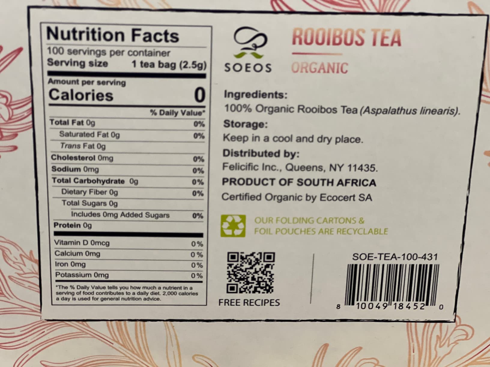 Soeos Organic Rooibos Tea, 100 Count, Naturally Sweet Herbal Tea, Caffeine Free, USDA Organic, Red Rooibos Tea Bags, Farmed in South Africa 9oz (250g) customer photo 2