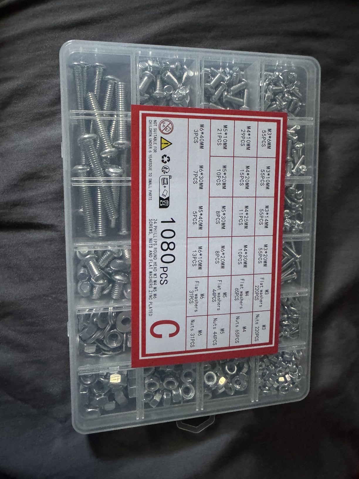wugongshan 1080 Pcs Screws Bolts and Nuts Assortment Kit, Metric Machine Screws and Nuts and Flat Washers, M3/M4/M5/M6 Cross Slotted Round Head Bolts Sets customer photo 2