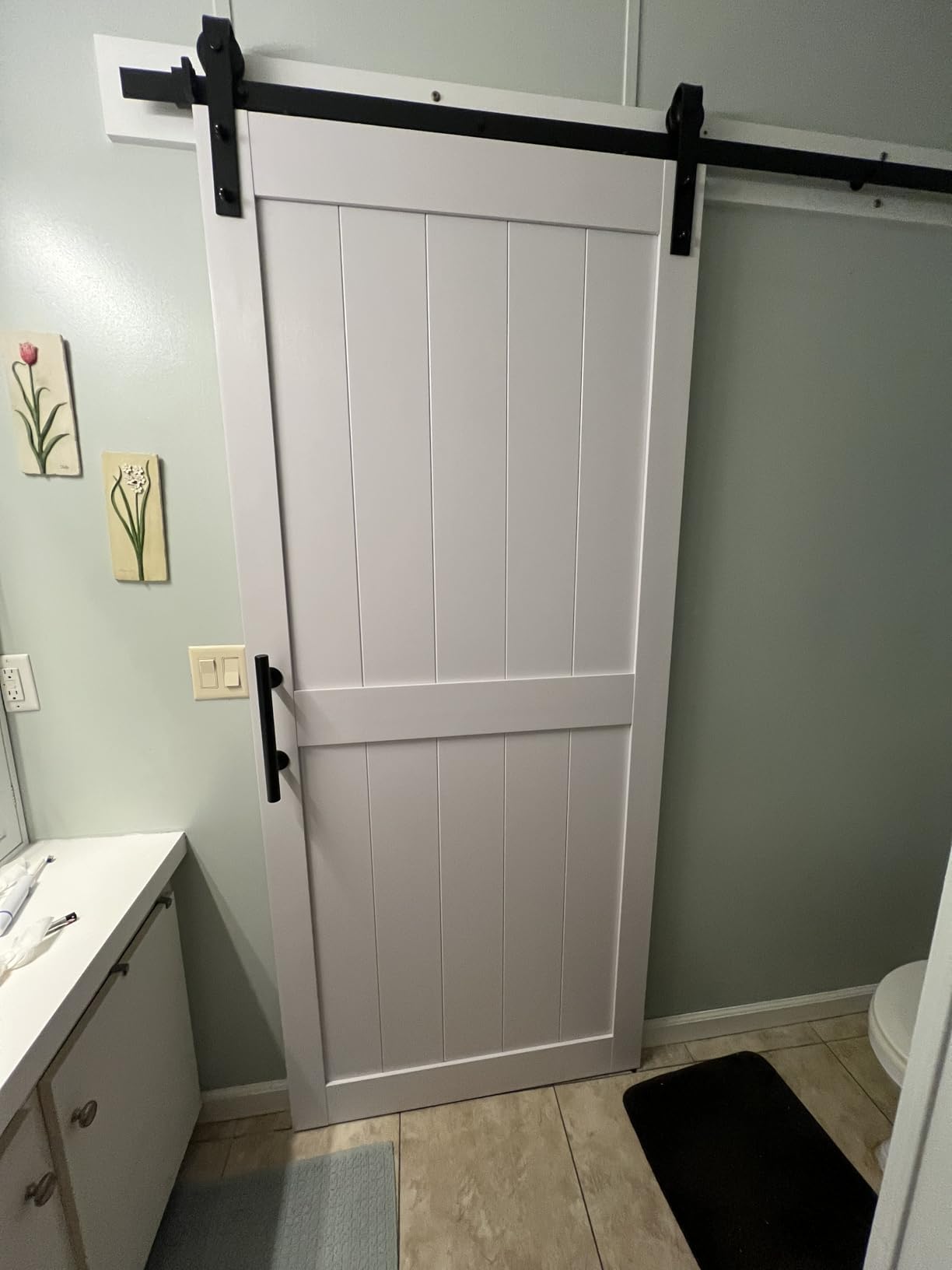 SMARTSTANDARD 36in x 84in White Sliding Barn Door with 6.6FT Black Hardware, Pre-Drilled, Waterproof PVC Coating, H-Frame customer photo 1