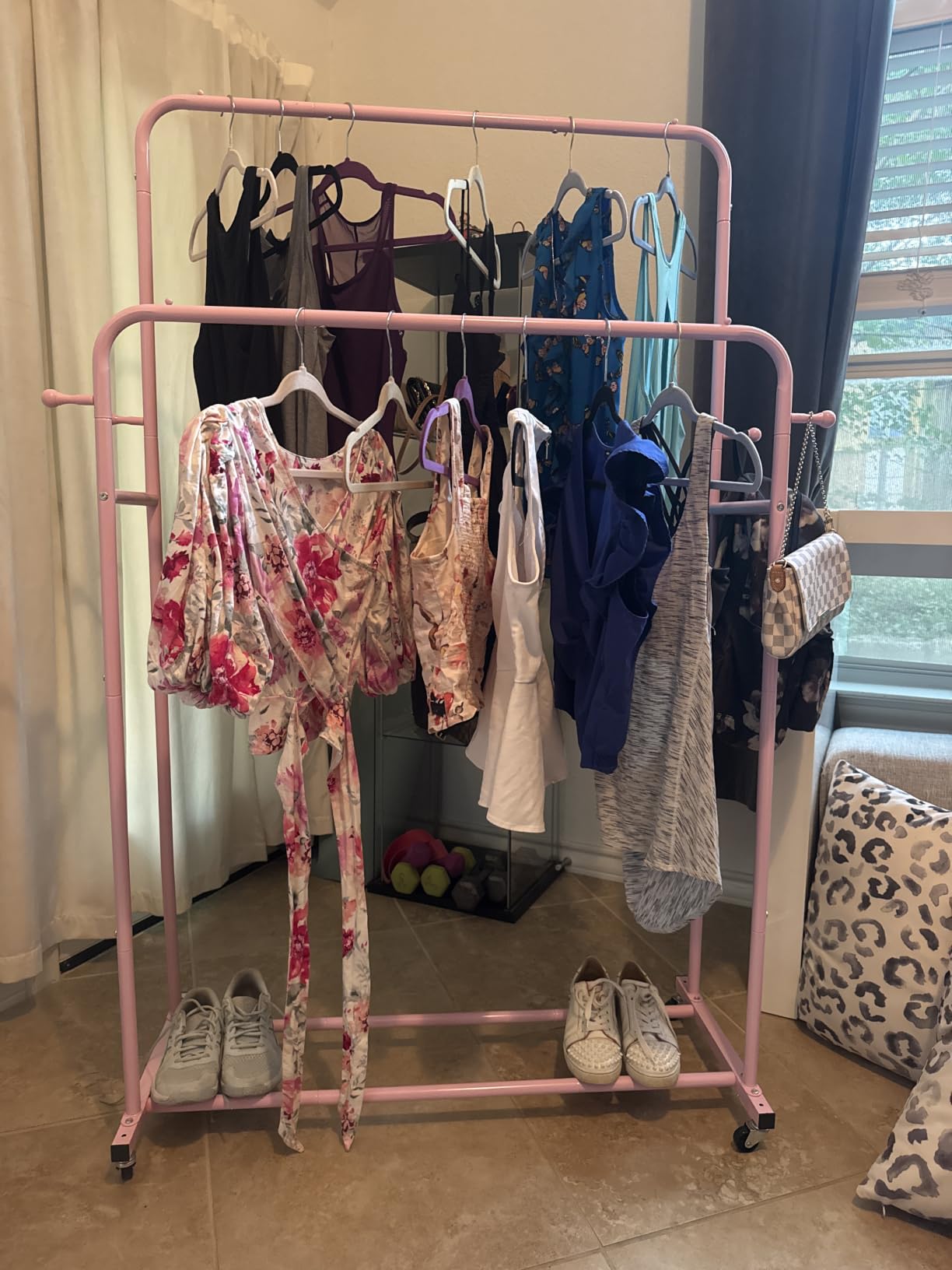 Laiensia Double Rods Garment Rack with Wheels, Clothing Rack for Hanging Clothes, 4 Hooks, Multi-functional Bedroom Clothes Rack, Black customer photo 1