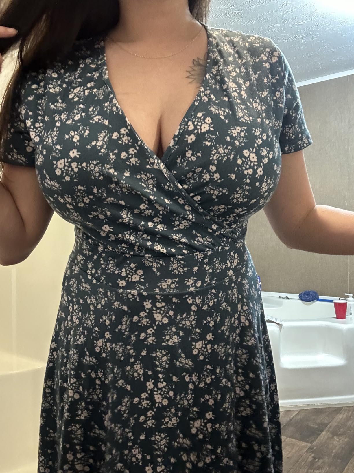 MSBASIC Womens Summer Wrap V Neck Casual Dresses Floral Short Sleeve A-Line Midi Sundress customer photo 2