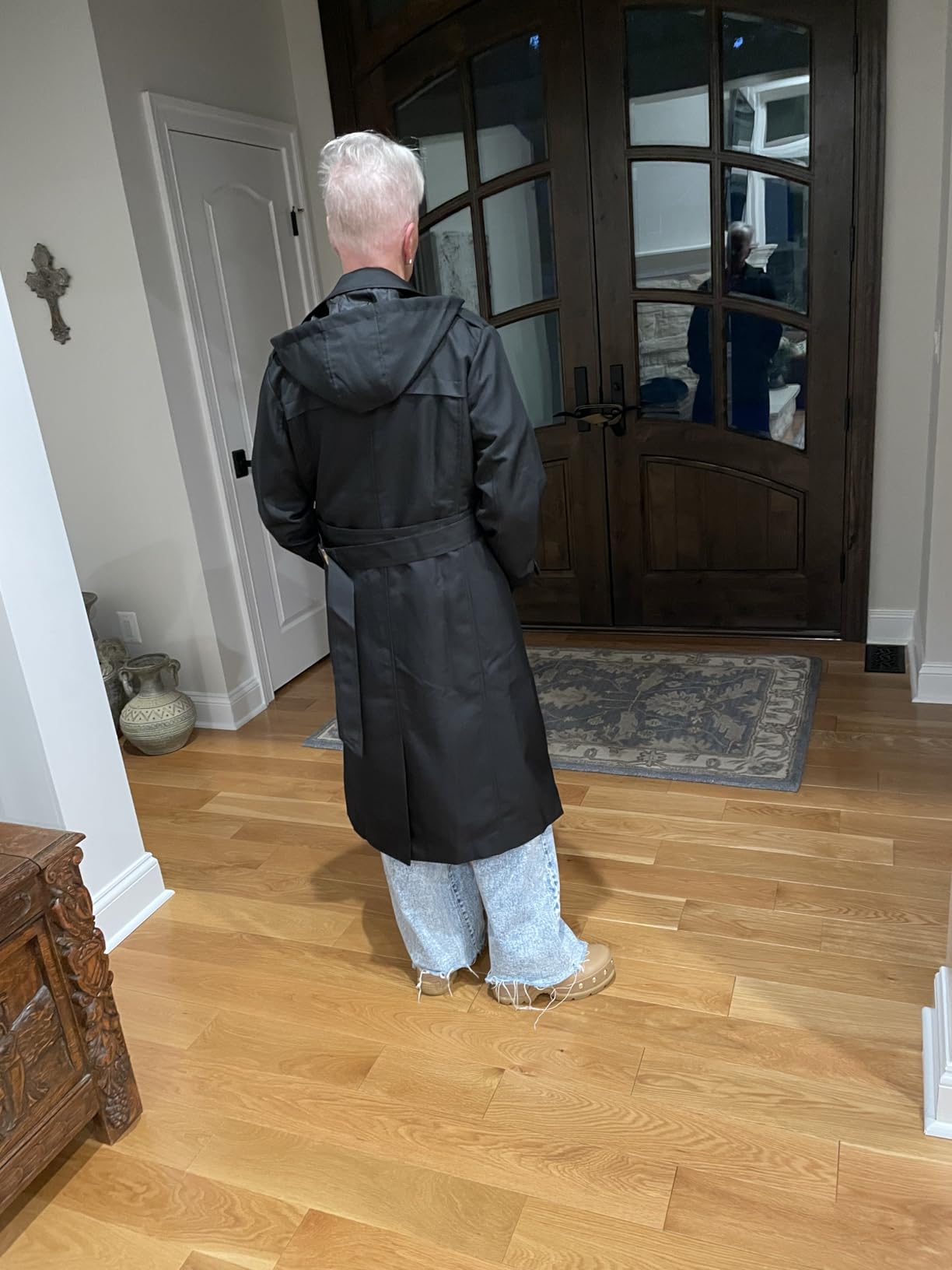 Women's Waterproof Long Trench Coat Double Breasted Length Classic Lapel Belt Coat With Removable Hood customer photo 1