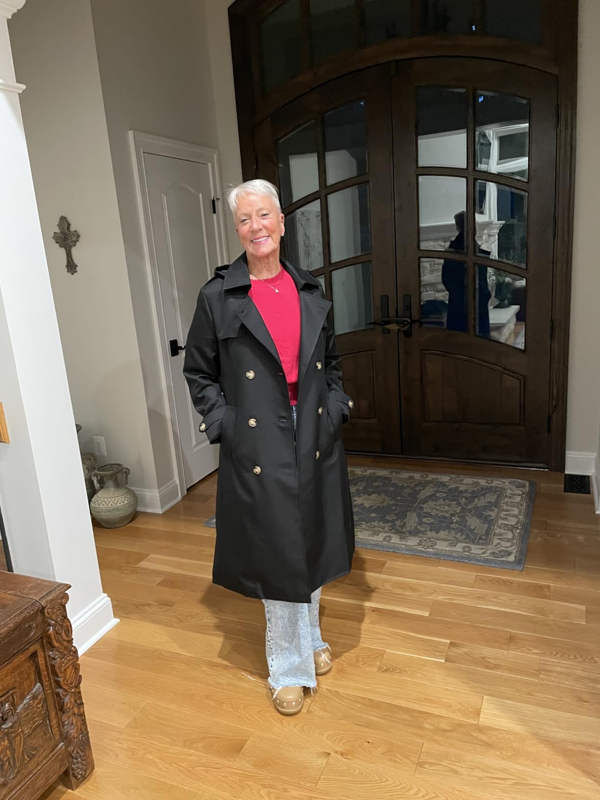 Women's Waterproof Long Trench Coat Double Breasted Length Classic Lapel Belt Coat With Removable Hood customer photo 2