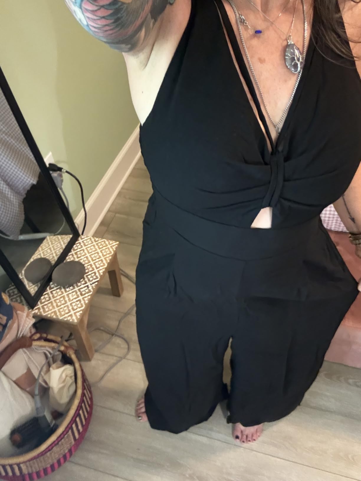 ANRABESS Womens Summer Linen Wide Leg Sleeveless Jumpsuits | V Neck Cutout High Waist Rompers, Breathable Lightweight, Beach Vacation Pants Outfit, Casual Dressy, Fall Winter Resort Wear customer photo 1
