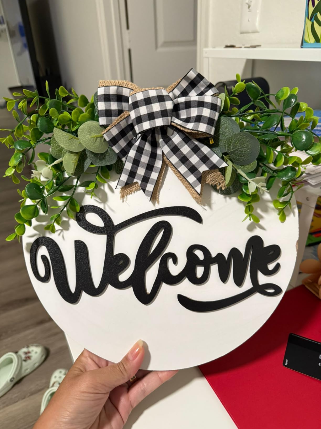 White Welcome Sign for Front Door, 12 Inch Round Wood Wreath | Weatherproof Solid Wood, Firmly Stapled Greenery & Bow, 3D Anti-Fade Letters, Farmhouse Housewarming Gift, for Indoor Outdoor customer photo 1