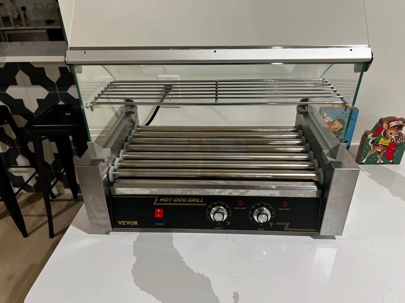 VEVOR Hot Dog Roller 7 Rollers 18 Hot Dogs Capacity 1050W Stainless Sausage Grill Cooker Machine with Dual Temp Control Glass Hood Acrylic Cover Bun Warmer Shelf Removable Oil Drip Tray, ETL Certified customer photo 1