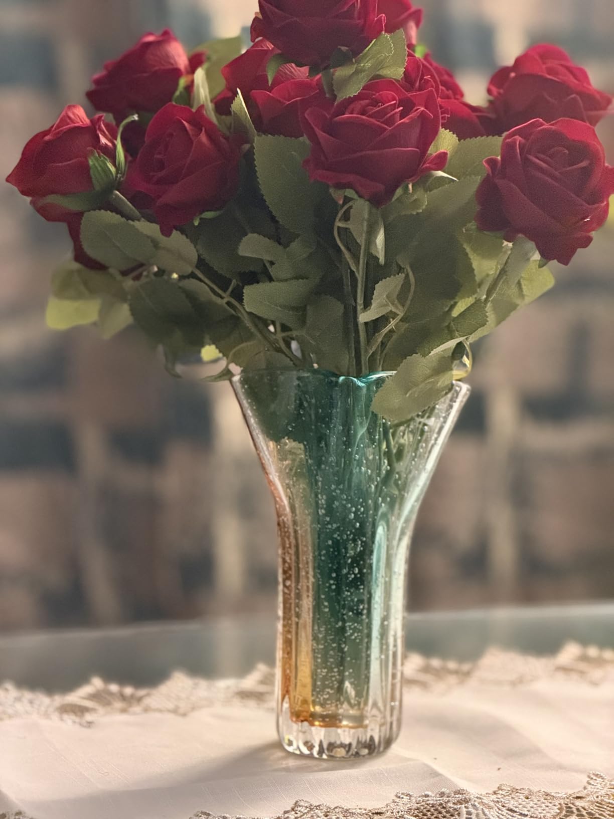 Hand Blown Glass Vase Decorative, Teal Wide Mouth Petal Vase, Modern Art Design Decorative Vase for Home Decor Living Room, Console Centerpiece, Table and Wedding customer photo 1