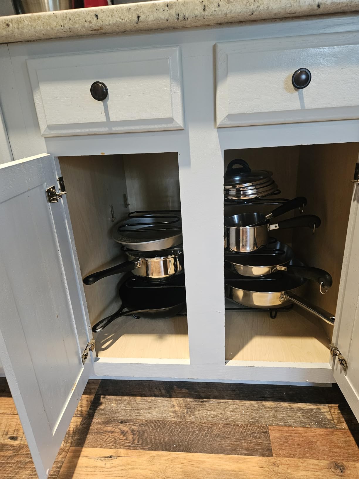 Pots and Pans Organizer Under Cabinet - 8-Tier Adjustable Pan Organizer Rack for Cabinet - Heavy-Duty Pot & Pan Organizer - Perfect to Store Pots, Pans, Lids - Easy Kitchen Organization and Storage customer photo 2