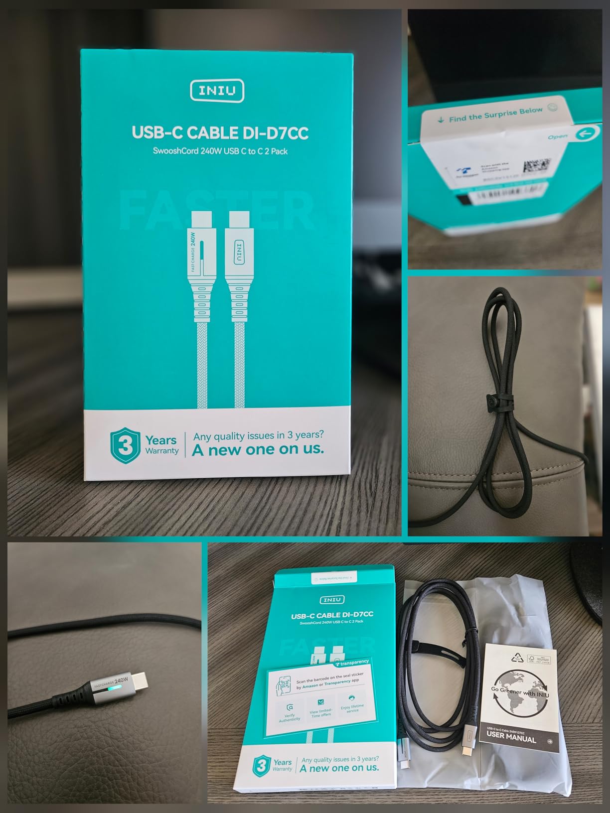 INIU 240W USB C to USB C Cable, [6.6ft+6.6ft] Fast Charging Type C Cord Nylon Braided customer photo 1
