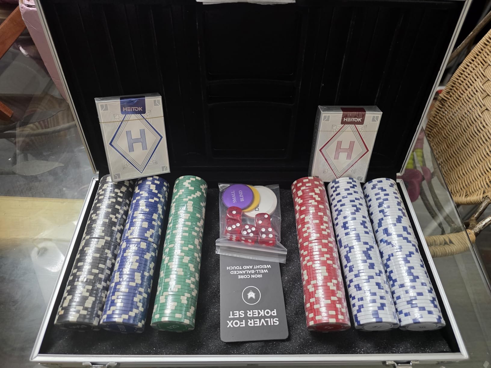 HEITOK 300pc Poker Chip Set 11.5g Iron Core Denominations Texas Holden | 2-8 players, numbered values 1/5/25/100/500, aluminum case, cards, dice, dealer/small/big blind buttons, Blackjack customer photo 1
