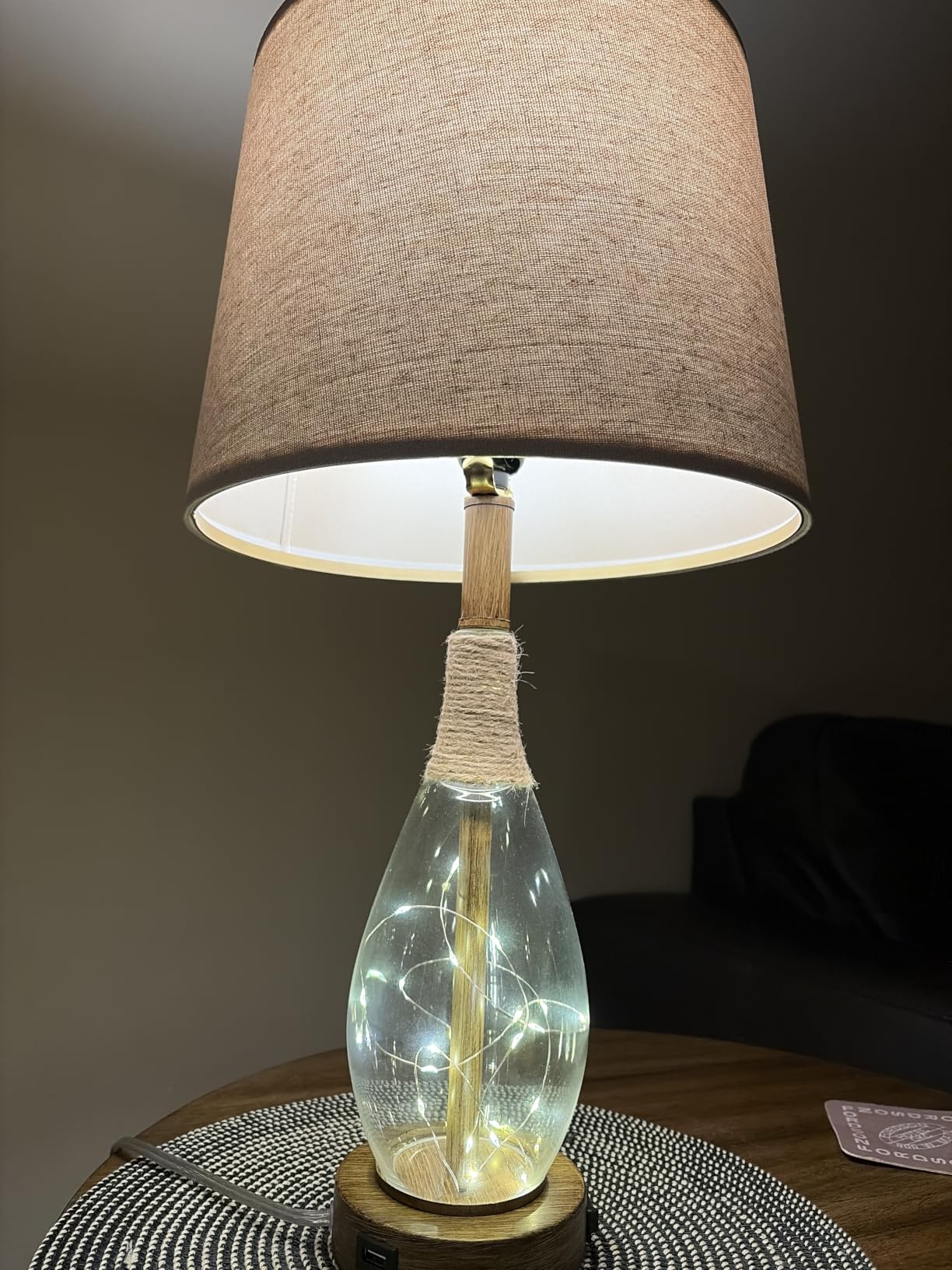 2 in 1 Bedside Table Lamps Set of 2, Farmhouse Glass Lamp, Wood-Like | Bedroom Lamps for Nightstands, Top Light & Night Light, Built-in USB with Bulb, Boho Rattan Design for Nursery, Hallway customer photo 2
