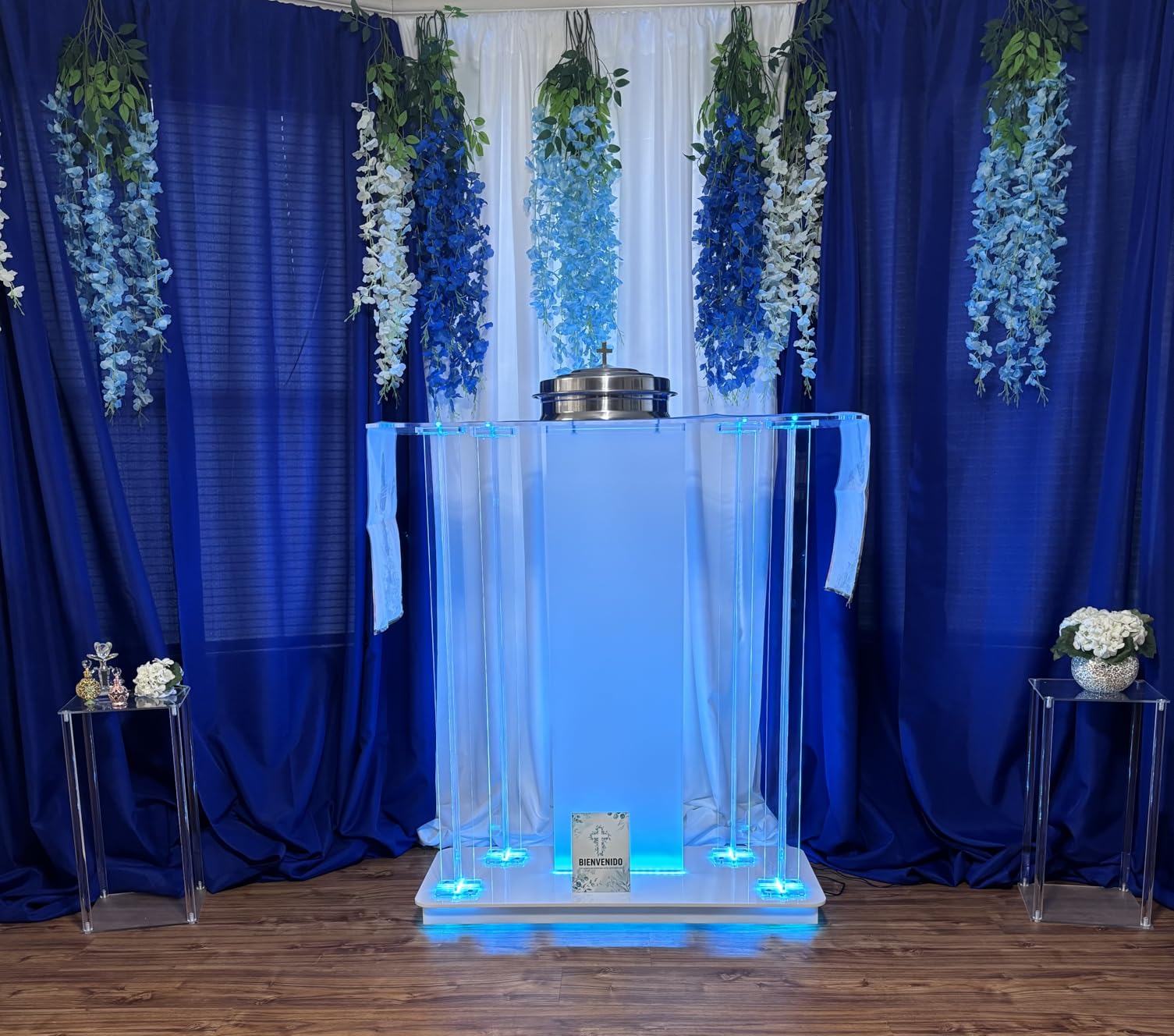 Church Pulpit with Hollow Cross Design, LED Acrylic Church Podium with Wheels & Vertical Reading Platform, 46