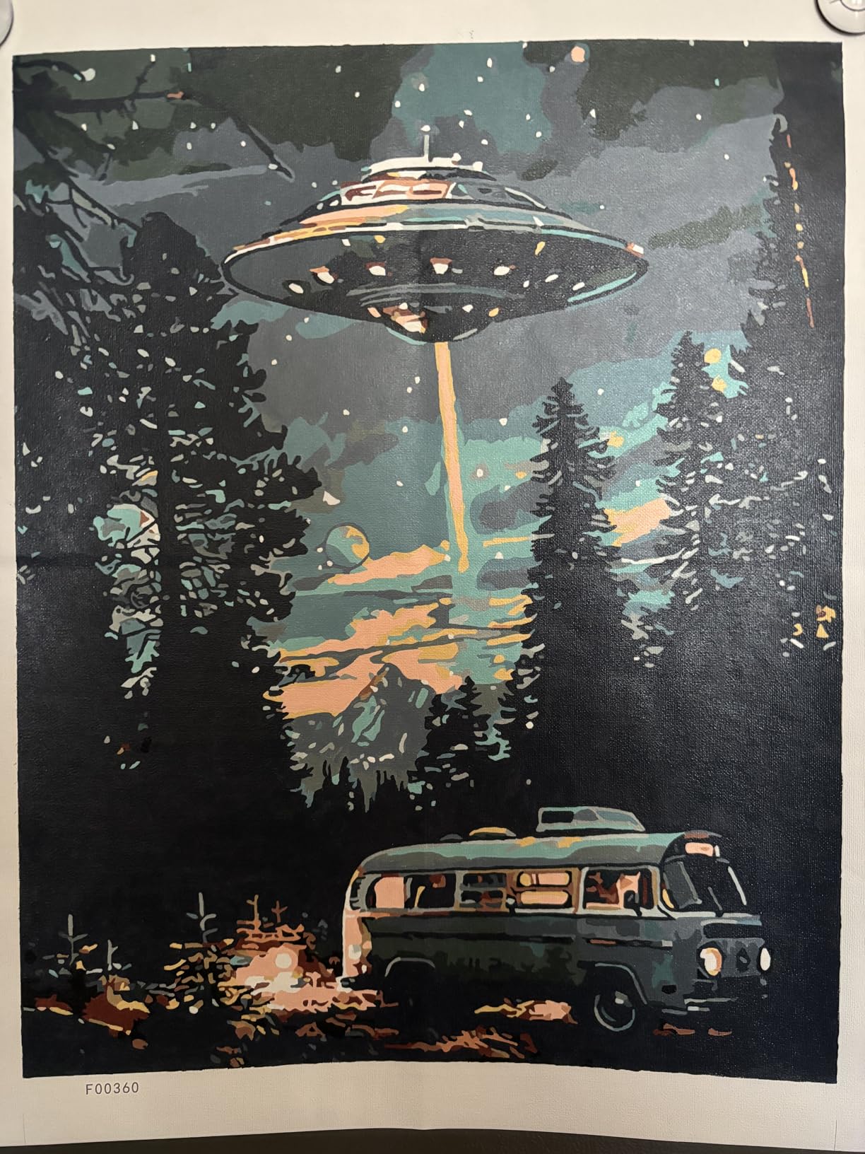 Tucocoo Starry UFO DIY Paint by Numbers for Adults Bus in Forest DIY Oil Painting Acrylic Paint Art Moon Stars Painting Kits Canvas with Acrylic Paint UFO Fantasy Decor 16x20 Inch (Without Frame) customer photo 1
