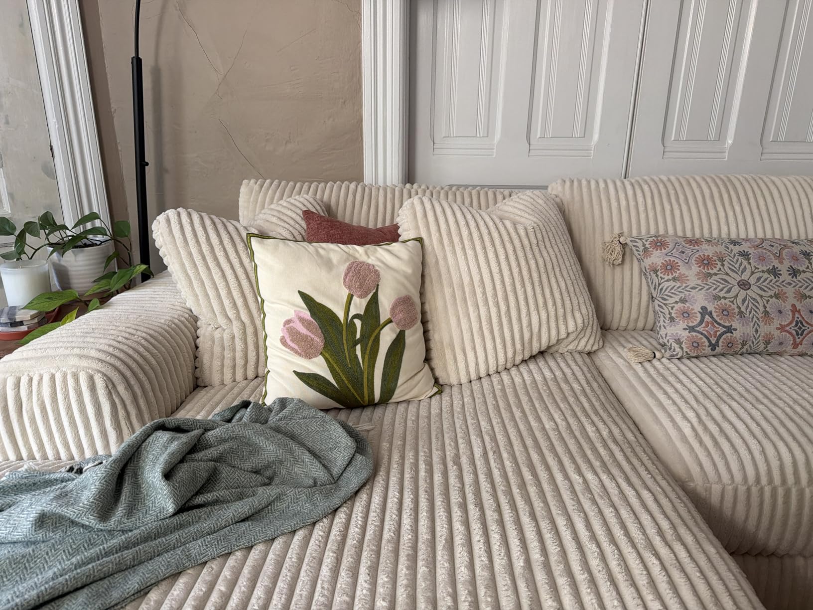 Pack of 2 Embroidered Decorative Throw Pillow Cover 18x18 Inch Farmhouse Floral Floor Pillowcase for Couch Living Room Sofa Bed, Tropical Green Leaves customer photo 2