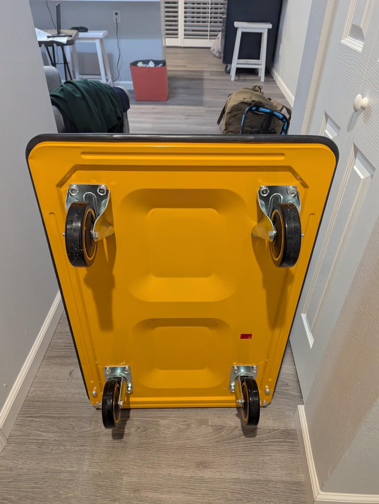 Heavy Duty Foldable Push Cart Dolly | 660 lbs. Capacity | Upgraded Collapsible Hand Truck Folding Platform with Swivel Wheels | Flat Bed Moving Wagon | Space Saving Push Handle (Yellow) customer photo 2