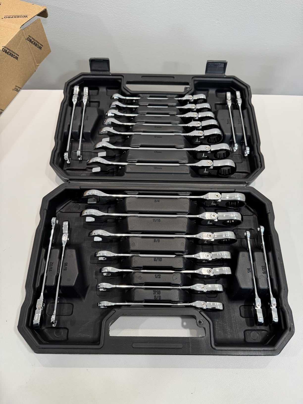 WORKPRO 22-Piece Ratcheting Wrench Set, Flex-Head & Polished | Metric & SAE (6-18 mm & 1/4-3/4''), 72 Teeth Cr-V Steel with Organizer Box customer photo 1