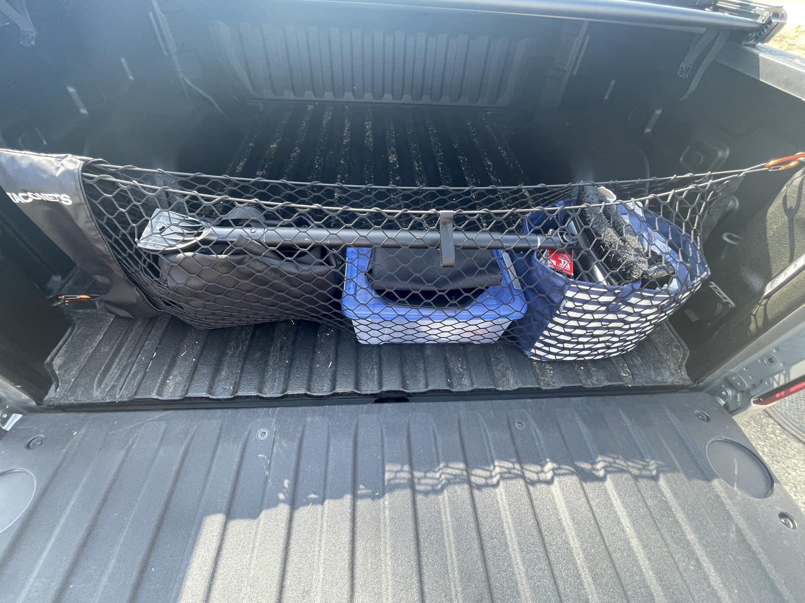 TacoNets Envelope Cargo Net for GMC Sierra & Chevy Silverado - Fits 2013-Current - Upgraded 5mm Bungee - Integrated Storage Bag - Heavy Duty Carabiners - Designed in USA customer photo 2