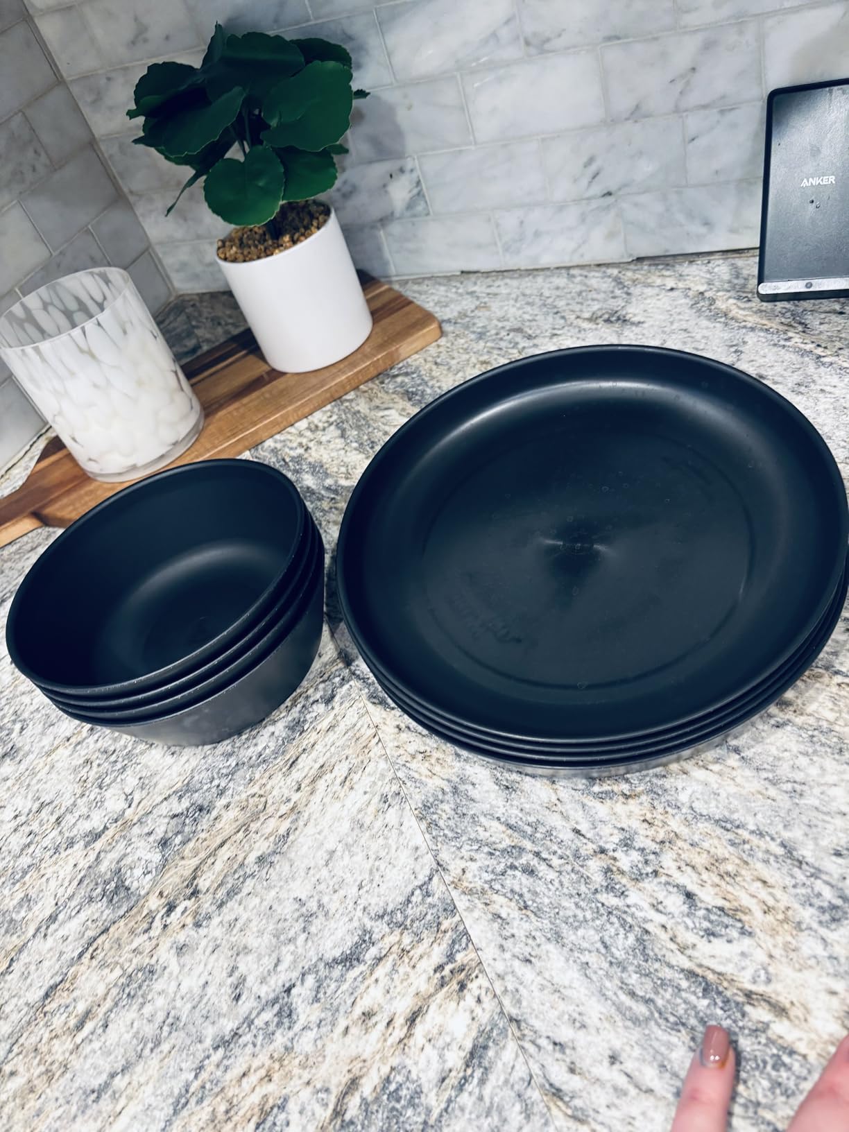 Grow Forward Premium Wheat Straw Plates and Bowls Sets - 8-Piece Wheat Straw Dinnerware Sets - Unbreakable & Reusable Microwave Safe Plastic Dinner Plates for Outdoors, RV, Camping Dishes - Seascape customer photo 1