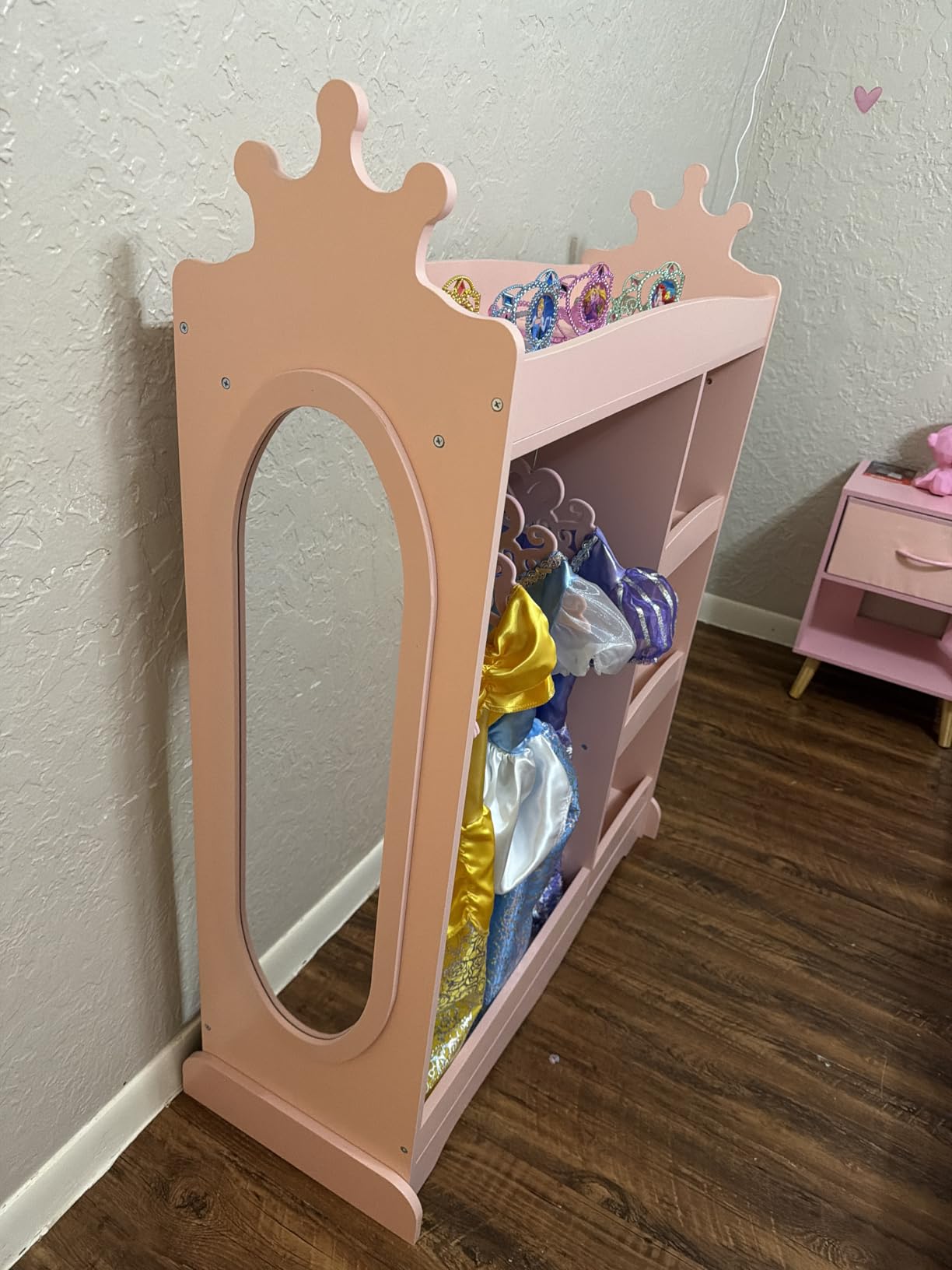 Kids Dress up Storage with Mirror, Kids Wardrobe with 3 Hooks, Kids Closet for Girls Boys, Open Hanging Armoire Costume Organizer for Bedroom, Preschool, Classroom, White customer photo 1