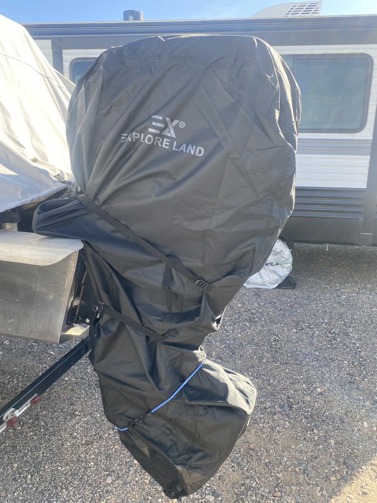 Explore Land Waterproof 600D Full Outboard Motor Cover up to 30 HP, Grey | Fade Resistant, Heavy Duty Polyester, Fits Mercury Yamaha Honda Evinrude Boat Engine customer photo 1
