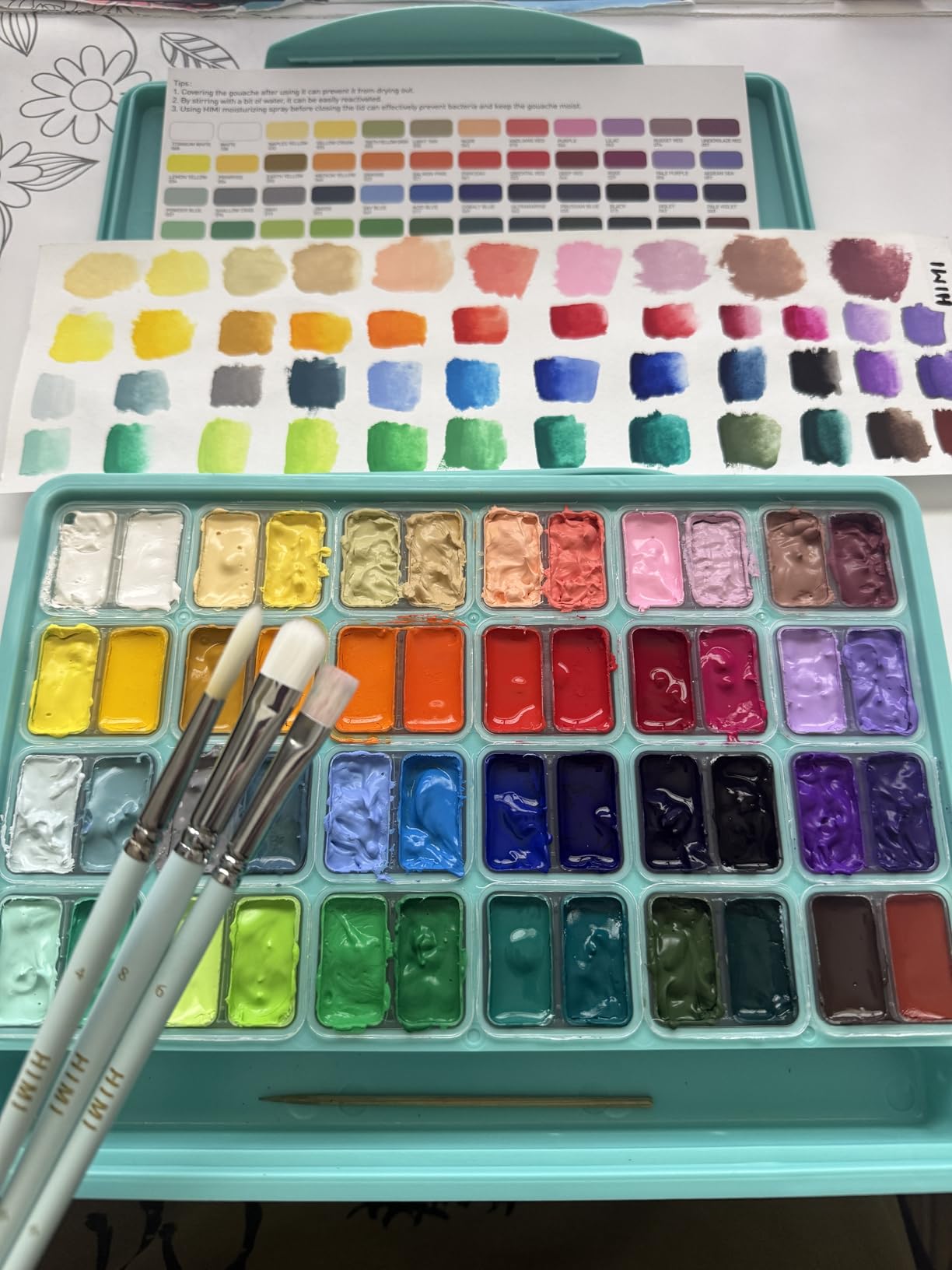 HIMI Gouache Paint Set, 48 Colors x 0.4 oz, Twin Jelly Cup, 3 Brushes | Non-toxic, opaque matte finish, smooth blending, portable case, for students and beginners customer photo 1