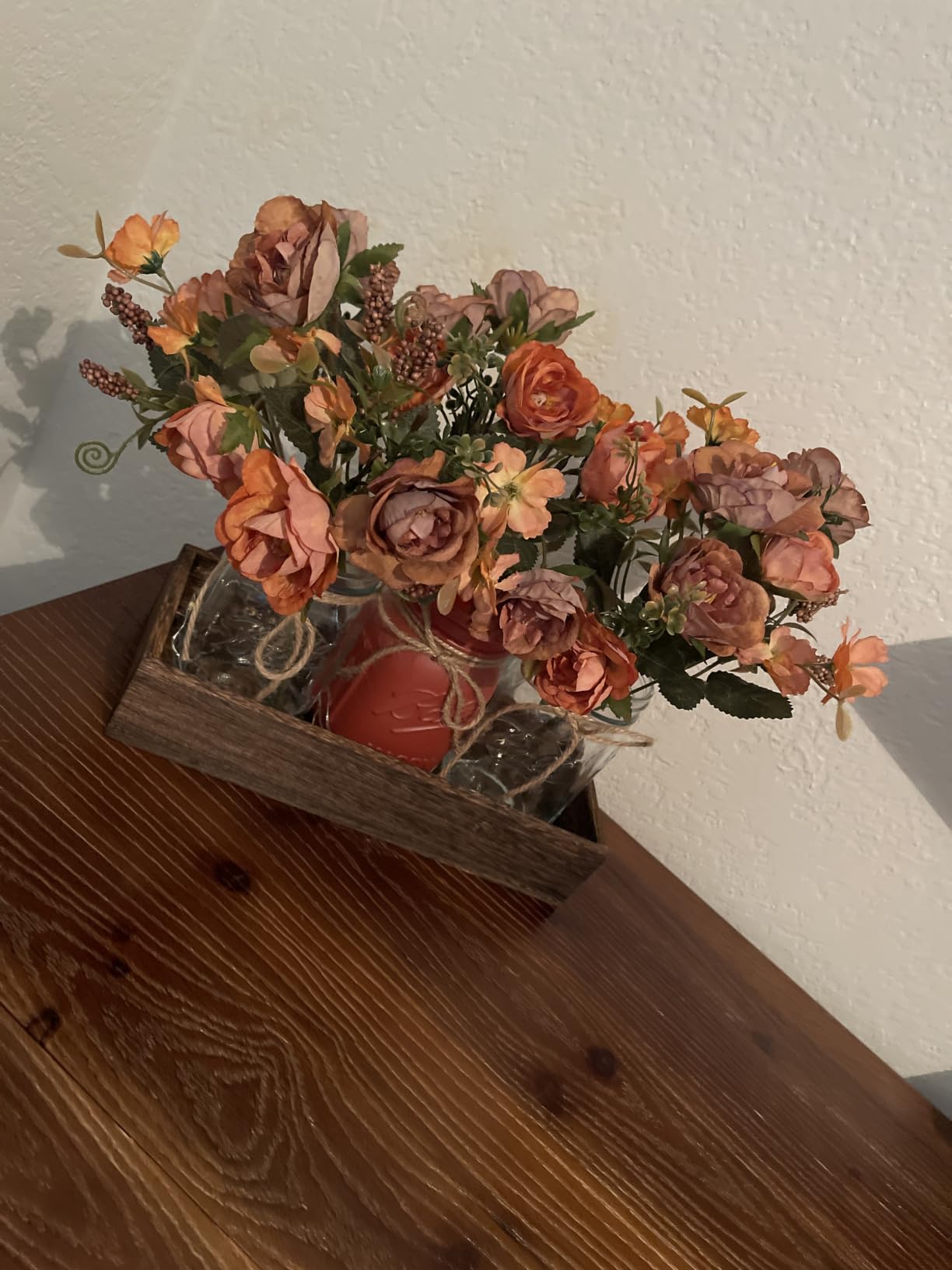 3 Pcs Mason Jar Centerpiece Table Decorations for Dining Table Decor Farmhouse Coffee Table Decor with Wood Tray and Led Light Table Centerpieces for Dining room Kitchen Living Bathroom,Orange customer photo 1