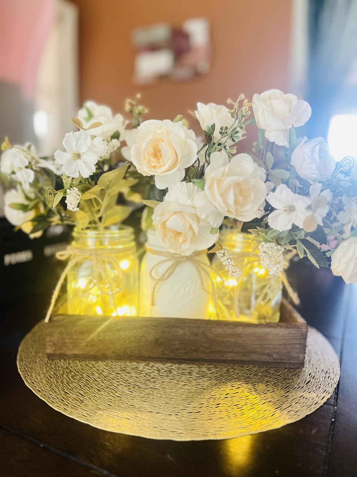 3 Pcs Mason Jar Centerpiece Table Decorations for Dining Table Decor Farmhouse Coffee Table Decor with Wood Tray and Led Light Table Centerpieces for Dining room Kitchen Living Bathroom,Orange customer photo 2