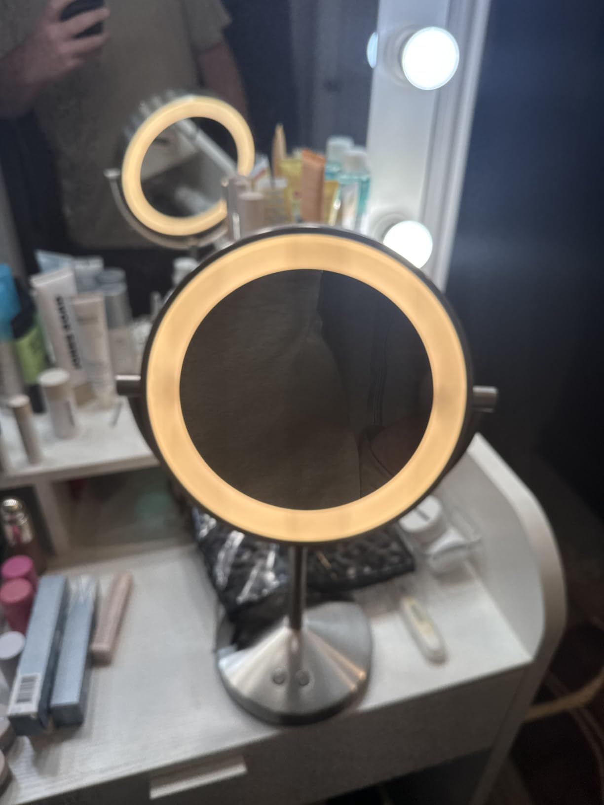 Conair LED Vanity Mirror, Double-Sided, 10x Magnification, Satin Nickel | Lighted makeup mirror with 3 color modes, 360° rotation, a satin nickel finish, a 5-foot power cord, and an 8.5