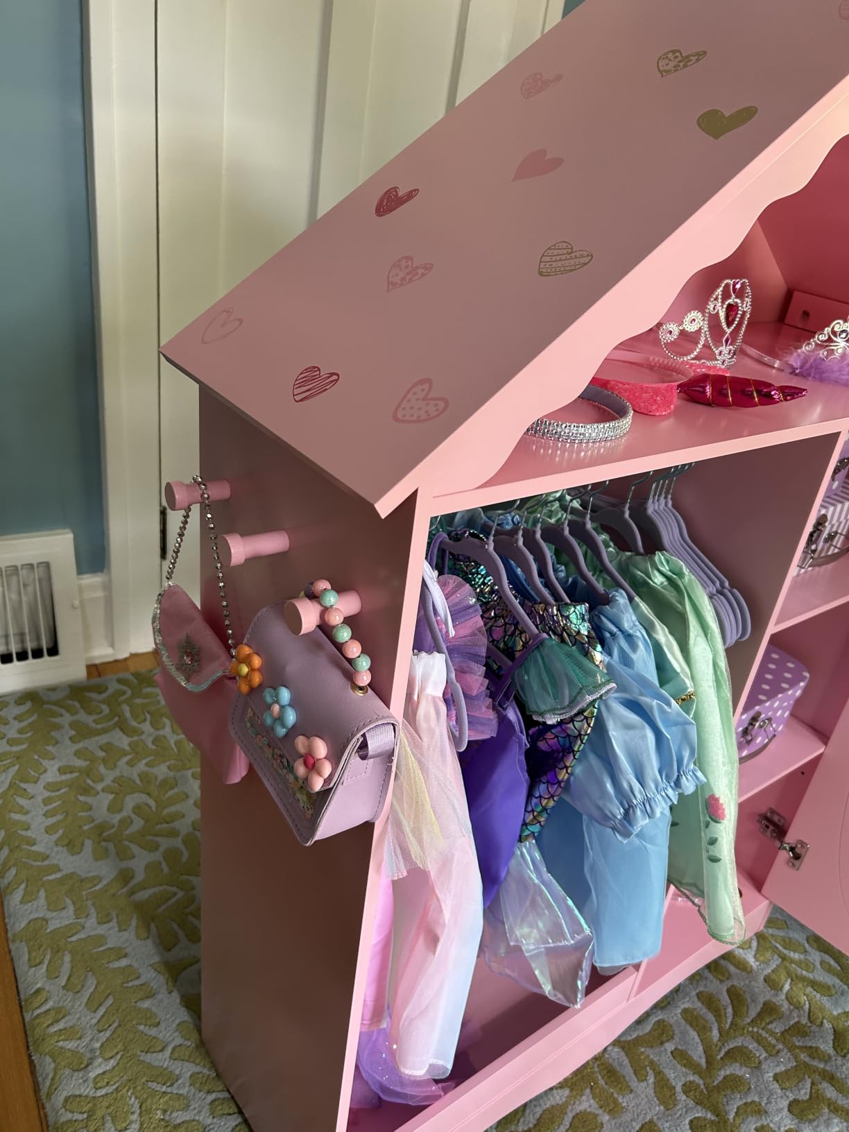 UTEX Dollhouse Kids Dress Up Wardrobe with Storage Cabinet and Mirror | Open Hanging Costume Organizer, Sweet Heart Pattern, Kids Wardrobe Closet, Water-based Paint for Kids Room, Playroom, Pink customer photo 1
