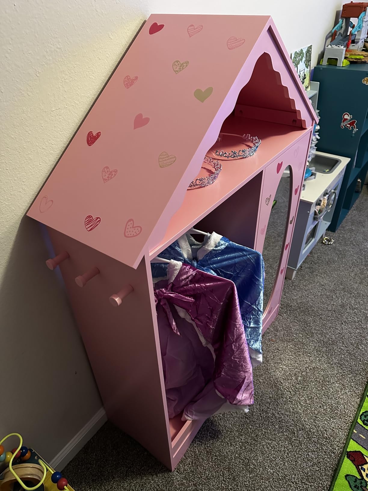 UTEX Dollhouse Kids Dress Up Wardrobe with Storage Cabinet and Mirror | Open Hanging Costume Organizer, Sweet Heart Pattern, Kids Wardrobe Closet, Water-based Paint for Kids Room, Playroom, Pink customer photo 2