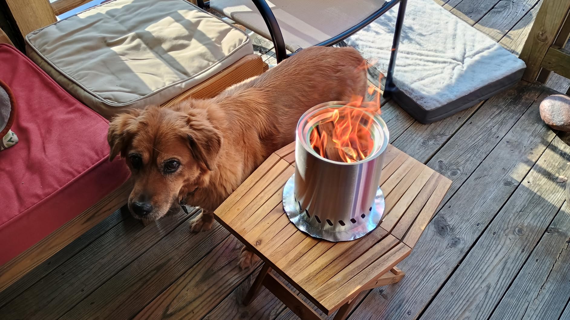 9.7 x 7.1 Inch Tabletop Fire Pit by AmazStove, Low Smoke Camping Stove for Outdoor Safe Burning Firepits, Fueled Pellets or Wood, Travel Bag Included (Silver) customer photo 1