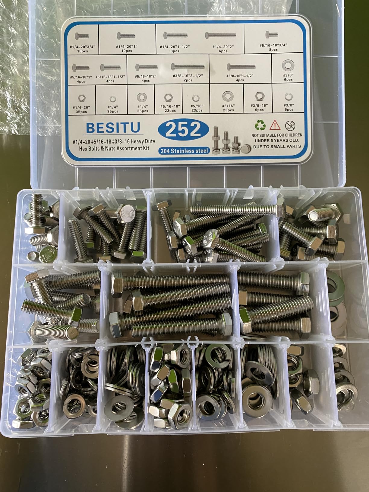 Besitu 252Pcs Hex Bolts and Nuts Assortment Kit, 1/4-20, 5/16-18, 3/8-16 Assorted Bolts Nuts and Washers Kit, 304 Stainless Steel Machine Screw Sets with Case customer photo 1