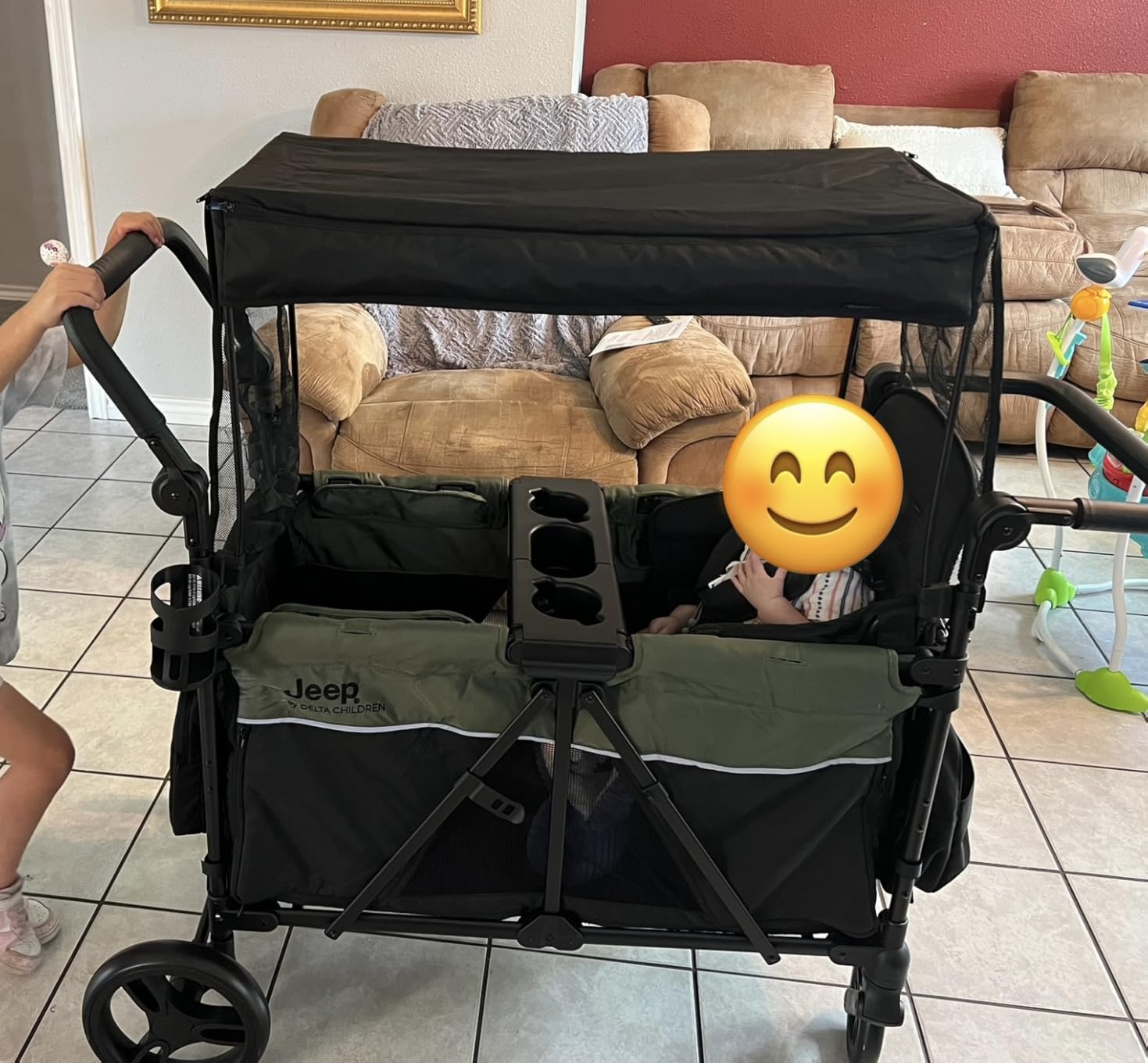 Jeep Aries Stroller Wagon by Delta Children Premium Wagon for 2 Kids with Convertible Seats, Adjustable Push/Pull Handles, Removable Canopy & Flat Fold - Greenguard Gold Certified, Black/Green customer photo 1