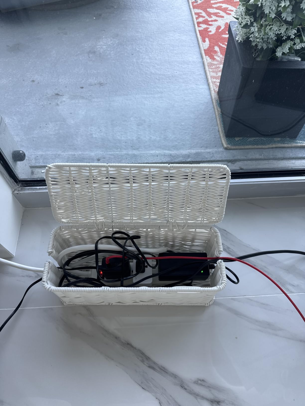 Cable Management Box, Handmade Rattan Cable Organizer with 2 Open Slots, Cord Hider for Power Strip, Router & USB Hub, Registered U.S. Design Patent, 13