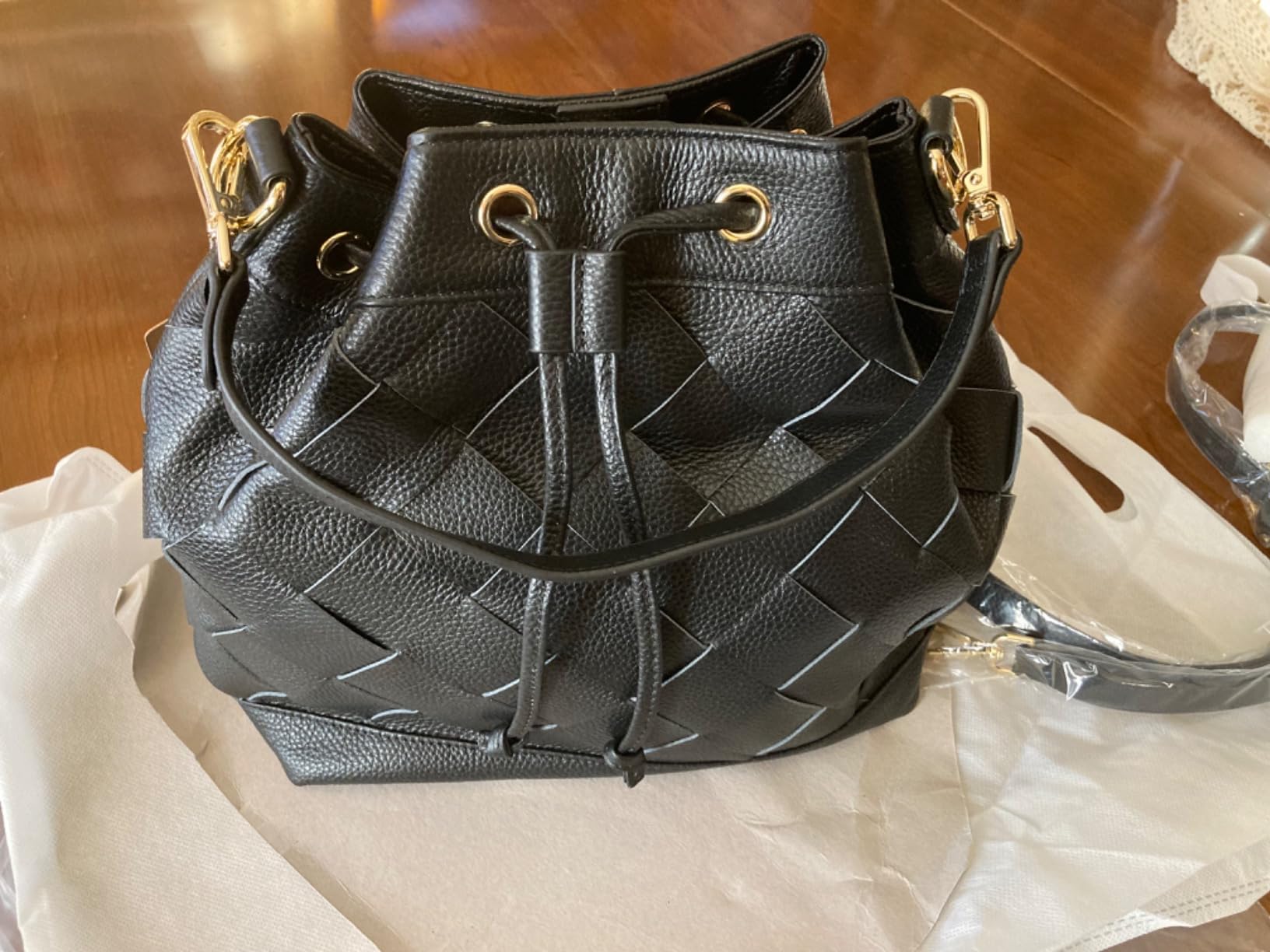 Kattee Woven Leather Bucket Bags for Women, Drawstring Crossbody Hobo Purses and Shoulder Handbags with 2 Straps customer photo 2