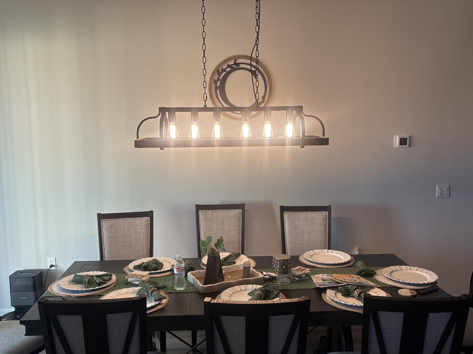 WUZUPS 5-Light Metal Chandelier Imitation Wood Grain Linear Pendant Ceiling Lighting Rustic Farmhouse Fixture Kitchen Island Dining Room, H 8.5 inch L 31.5 inch W10, E26 Base, Black and Retro Wood customer photo 2
