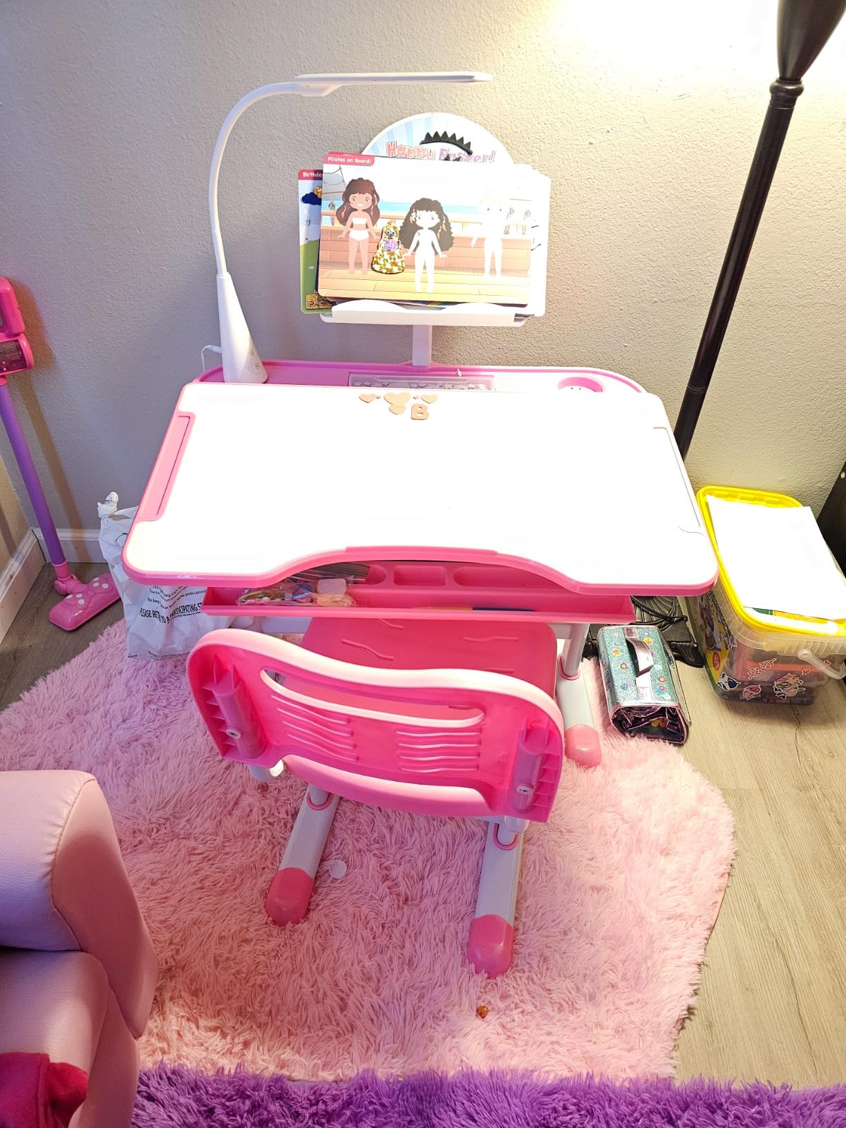 Diroan Kids Desk and Chair Set with LED Light, Height-Adjustable for Age 7+ | Ergonomic, Large 0-45° desk, Sturdy steel frame, Storage drawer, Bookstand, Metal hook customer photo 1