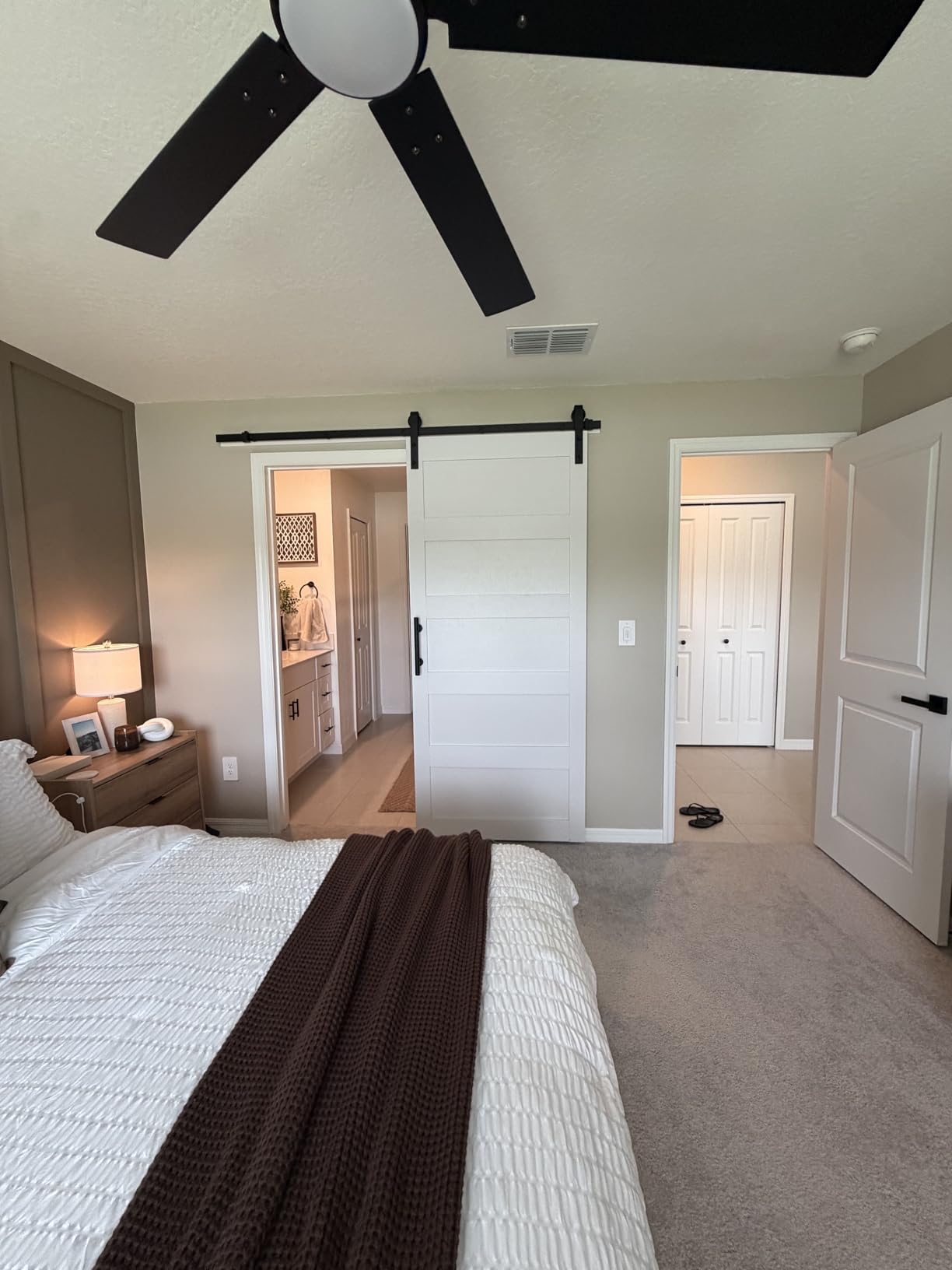 48in x 84in Sliding Barn Door 5 Panel with Water-Proof PVC Surface, 5ft Hardware Kit & Handle, Pre-Drilled, White customer photo 1