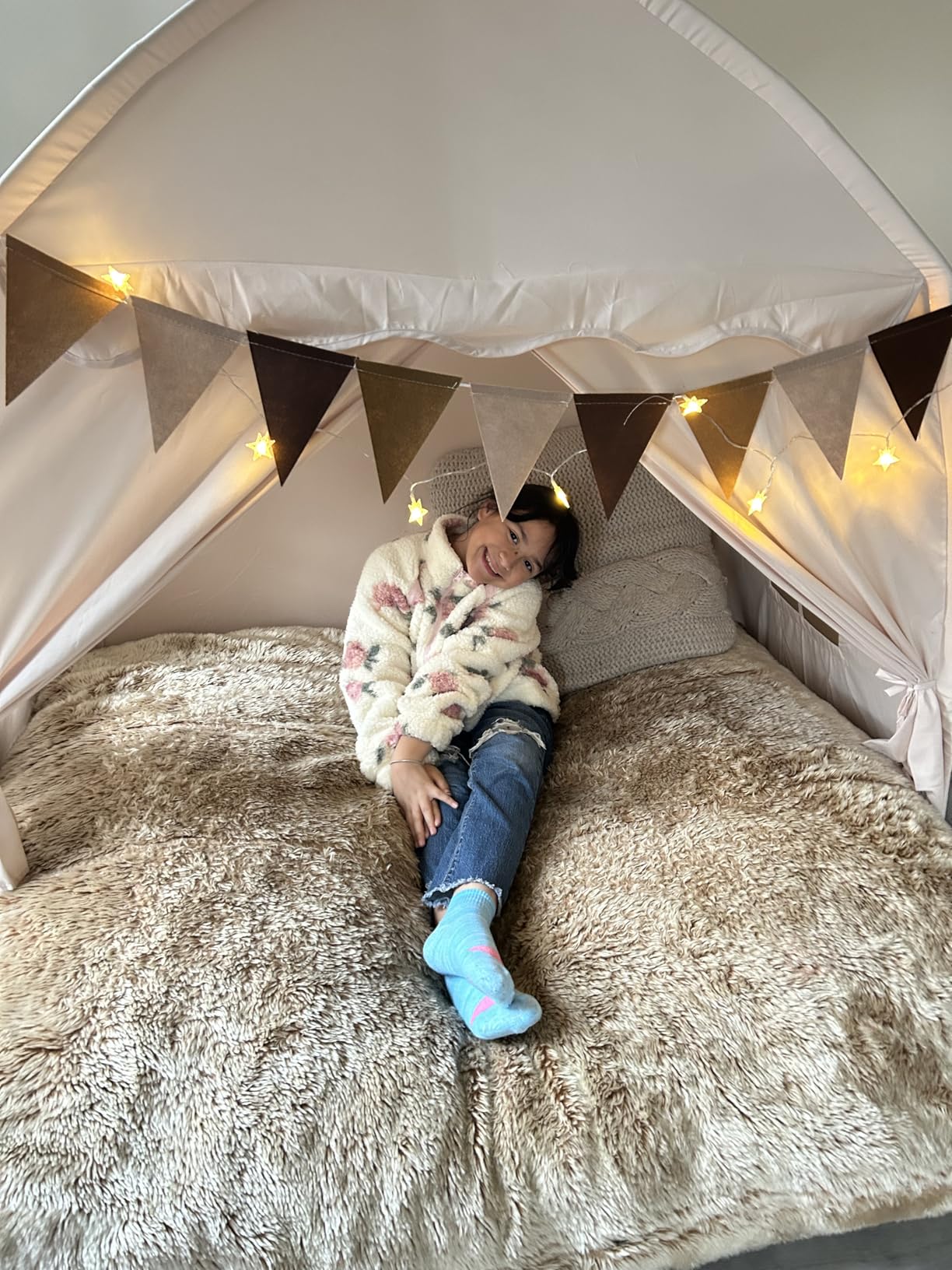 Little Dove Extra Large Kids Play Tent with Flags & Star Lights, Portable & Foldable Teepee Tents, Dome Tent Playhouse for Indoor & Outdoor Use, Kids Tent for Boys & Girls, 59x39x59 in, Cream customer photo 1