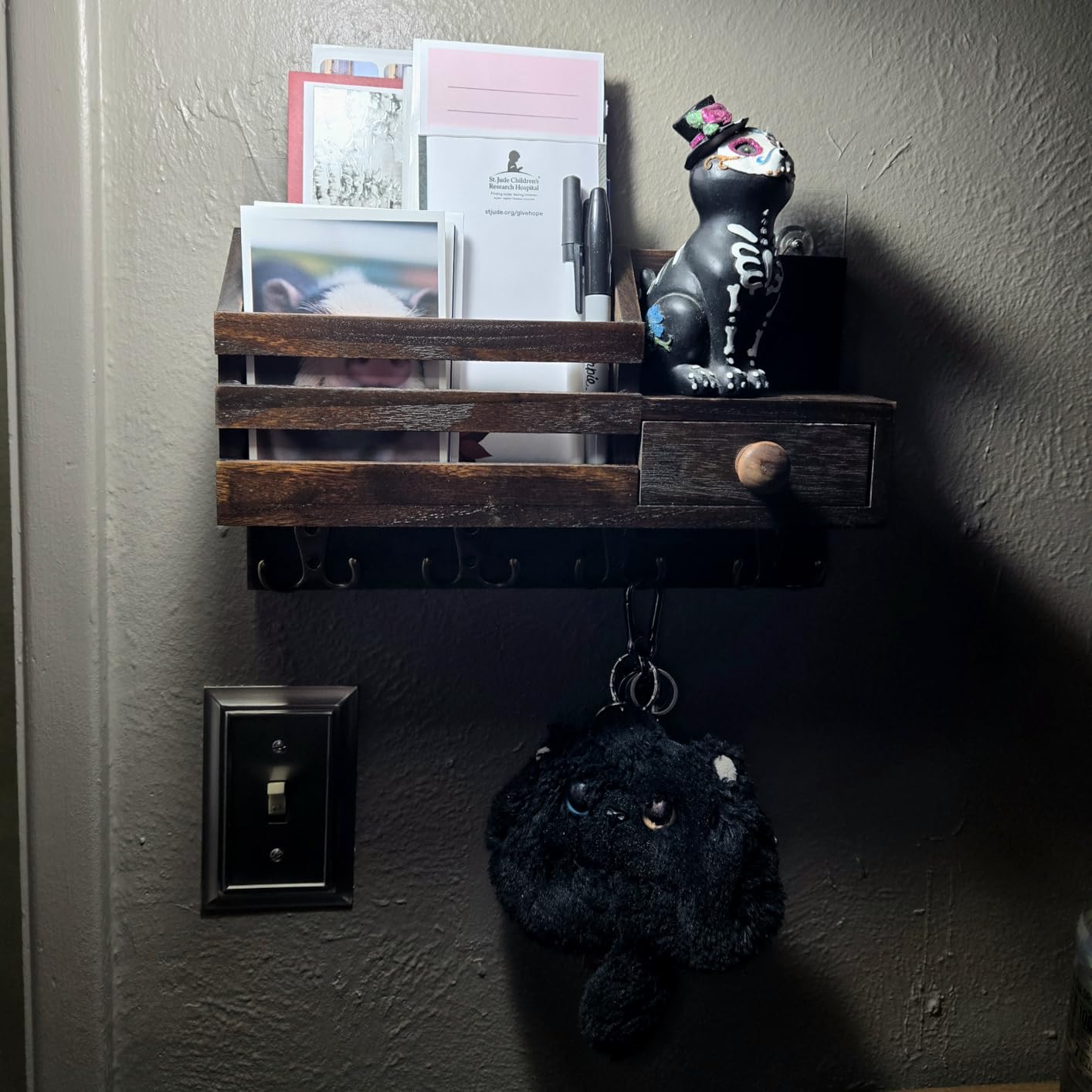 Key Holder Wall Mount, Wooden Adhesive Mail and Key Organizer with Drawer, Small Shelf, 8 Hooks, 2 Installation Methods, Black customer photo 1